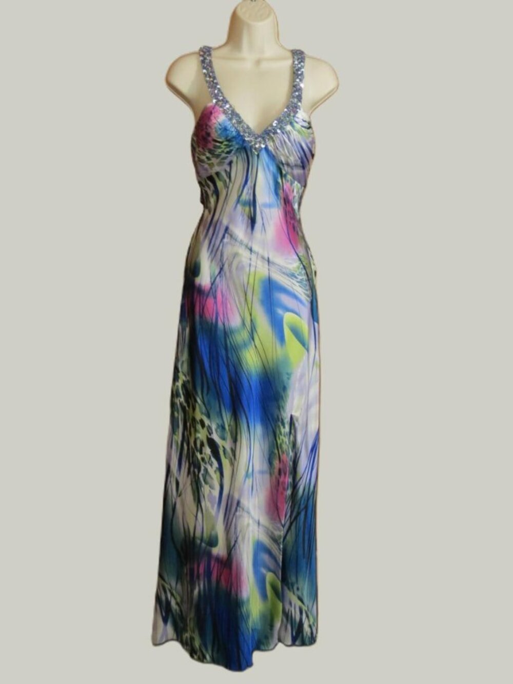 David's Bridal Maxi Dress Peacock Colors Sequins Back Openings Size 4